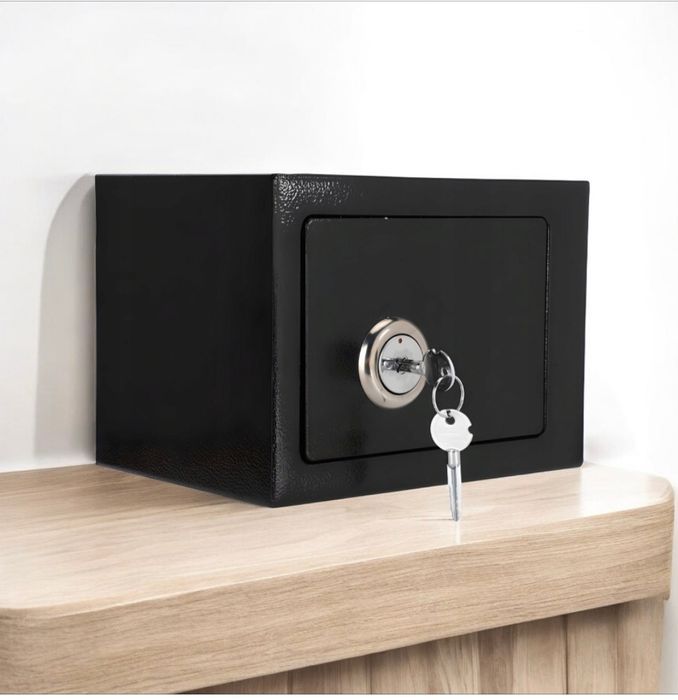 Nowy czarny metalowy sejf zamykany na klucz
