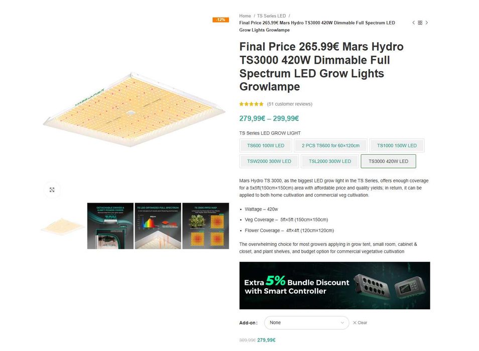 Mars Hydro 420W TS3000 Dimmable Full Spectrum LED Grow Lights Cultivo