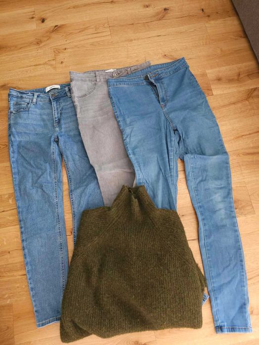 Oddam 3 pary jeansów i zielony sweter z wełną