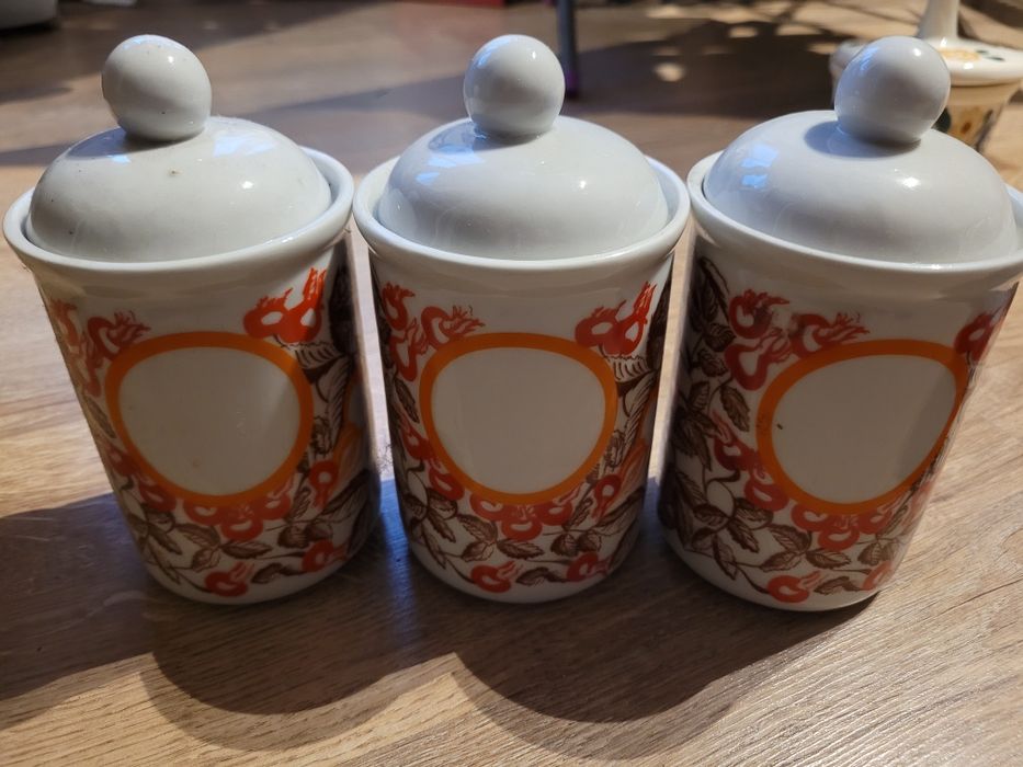 Pojemniki na kawę herbatę cukier porcelana Bogucice 3 sztuki retro vin