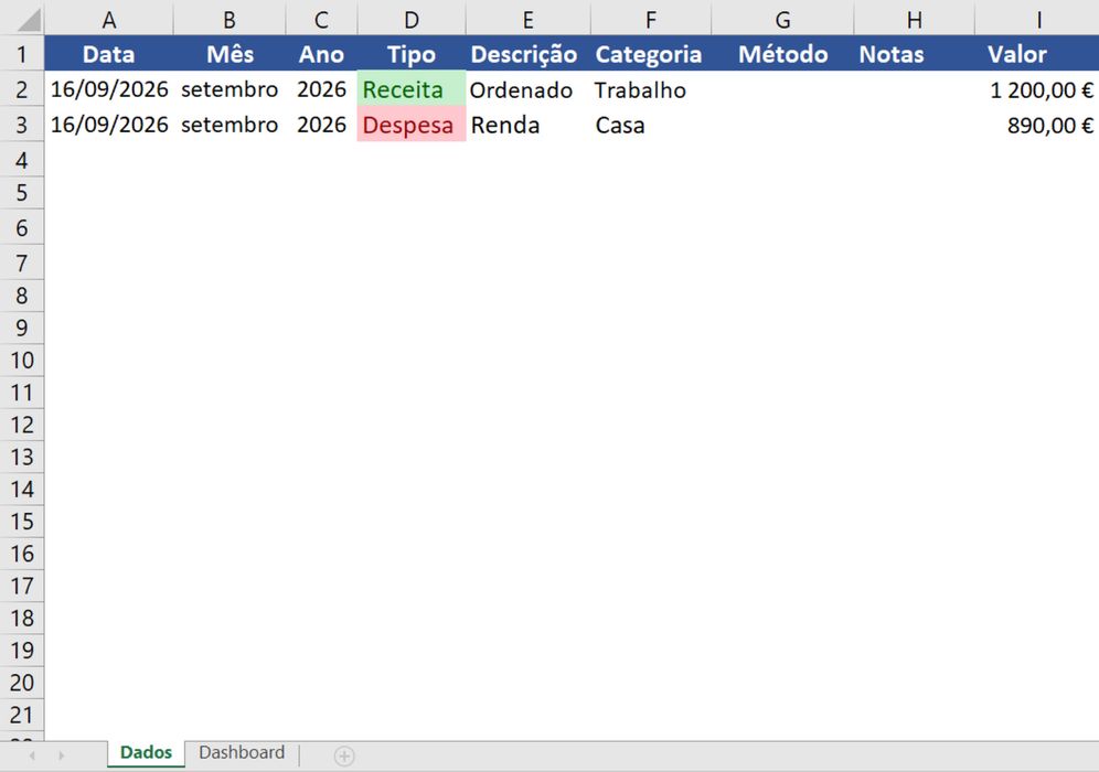 Dashboard / Folha de Excel para Controlo Financeiro Pessoal (Automático)