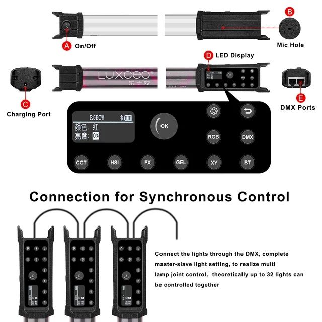 Bastão de Led tubular Luxceo P120S 113cm RGB 30W APP DMX SELADO