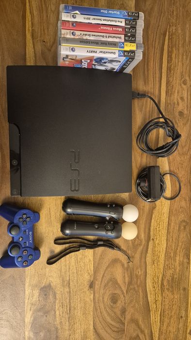 PS3 Slim + PlayStation Move x2 + 6  gier + kamera + pad – komplet