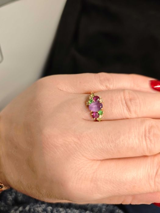 Złoty pierścionek Ametyst, Rodolity, Topazy