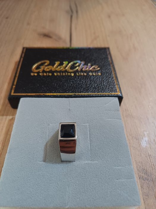 Sygnet ze stali nierdzewnej  z czarnym kamieniem unisex 67mm +bransoletka 9mm 19cm nowe