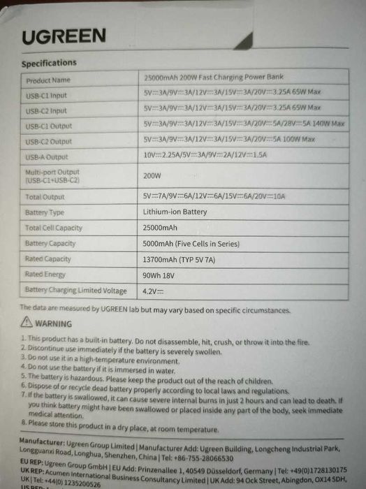 Павербанк Ugreen Nexode 200W 25000mAh PB722 для MacBook Pro
