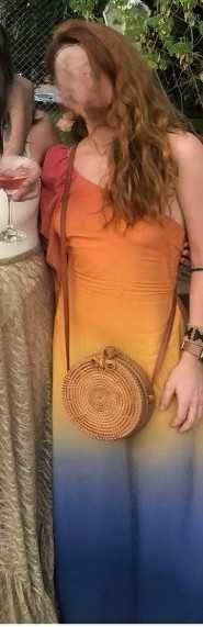 Vestido Midi Farm Rio - Um Ombro Só - Degradê Pôr do Sol