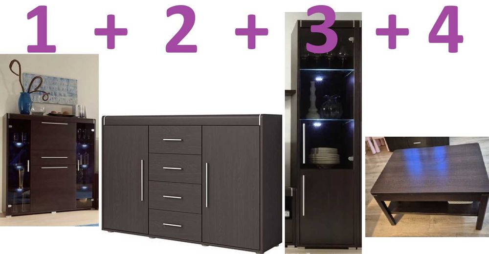 Zestaw mebli Voltera Helvetia venge 4 el.: komoda witryna barek ława