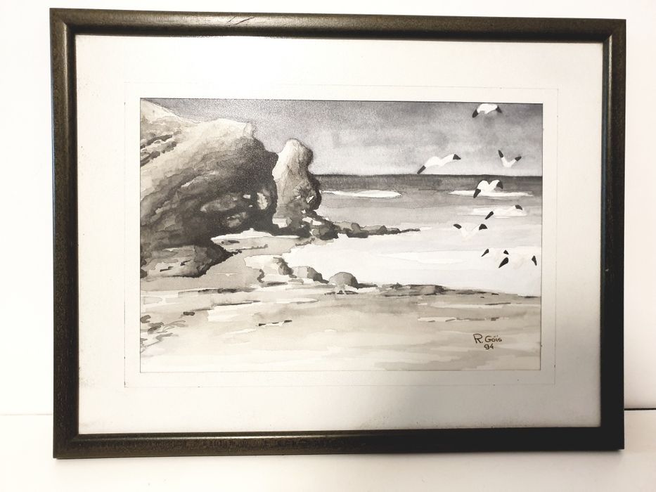 Linda aquarela com paisagem marítima- assinada  R. Góis 94