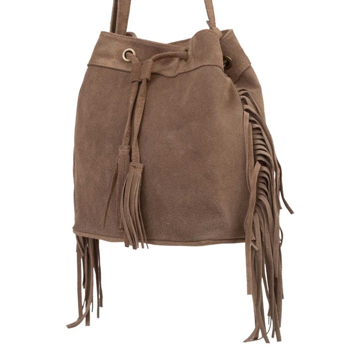 VERA PELLE torebka zamszowa listonoszka z frędzlami V477 c.brązowa