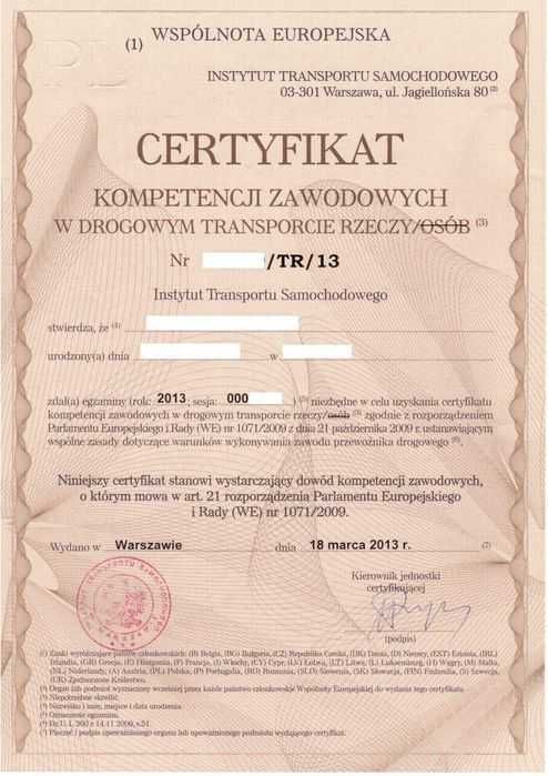 Certyfikat Kompetencji Zawodowych w transporcie osób Warszawa