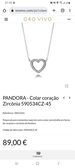 Pandora colar coracao zirconia