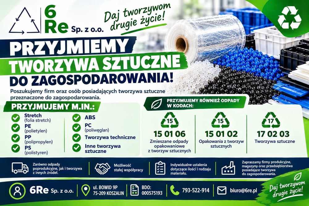 6Re – Przyjmiemy odpady tworzyw sztucznych PE, PP, ABS, PS, PC, Stretch