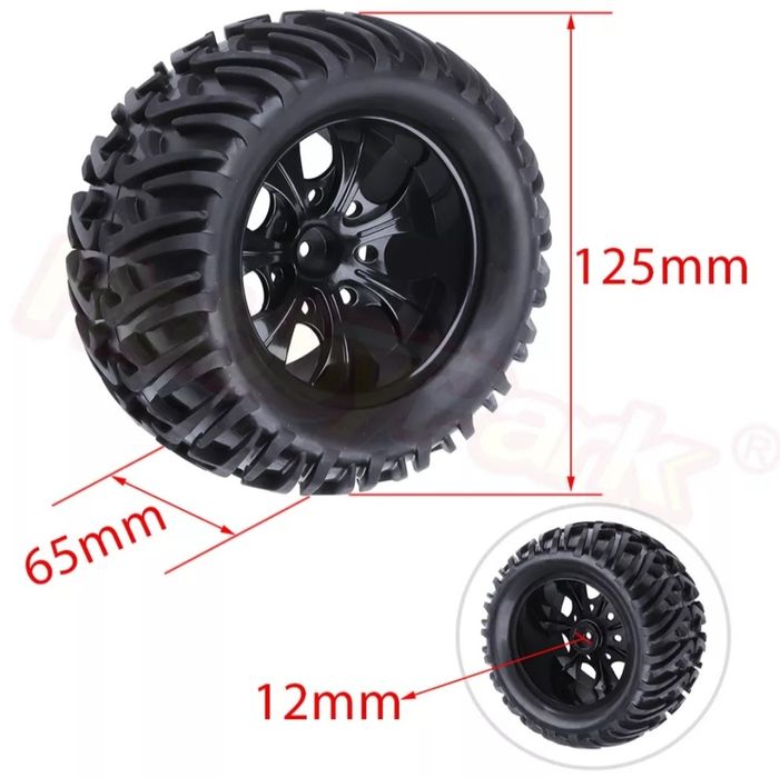 Pneus+jantes RC carro telecomandado- 1/10 com hex 12mm - monster truck