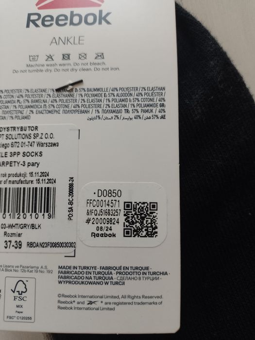 Skarpetki Reebok 3pary + gratis