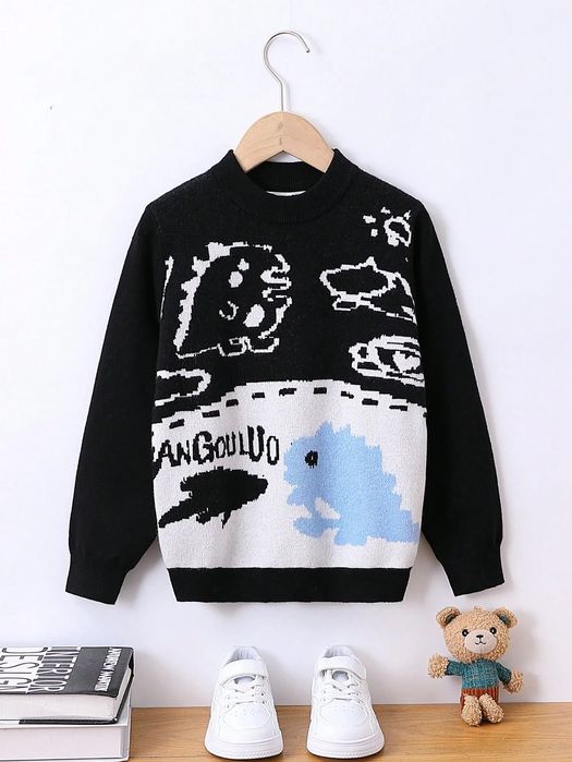 Sweter oversize czarny w dinozaury długi rękaw dziecięcy dzianinowy
