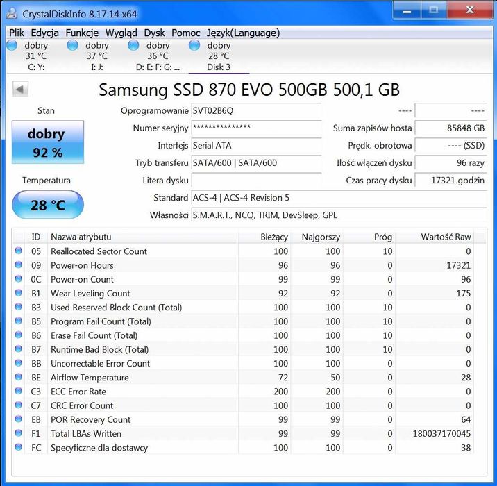Dysk SSD Samsung 870 EVO 500GB SATA 2,5 92% nr7