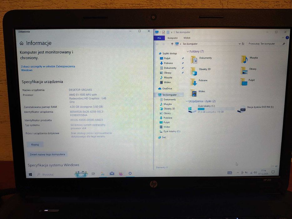 HP 255 G1 15.6'' E1-1500 4GB DDR3 120GB SSD W10