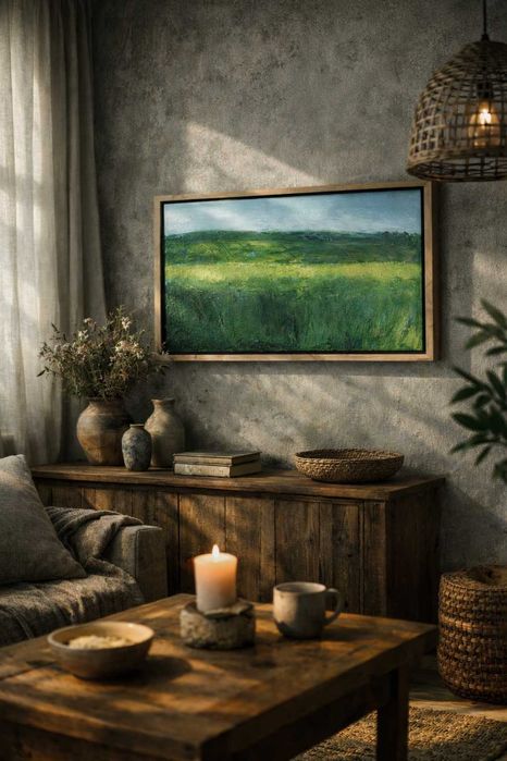 Nowoczesny obraz na płótnie – zielony pejzaż, ręcznie malowany, rama