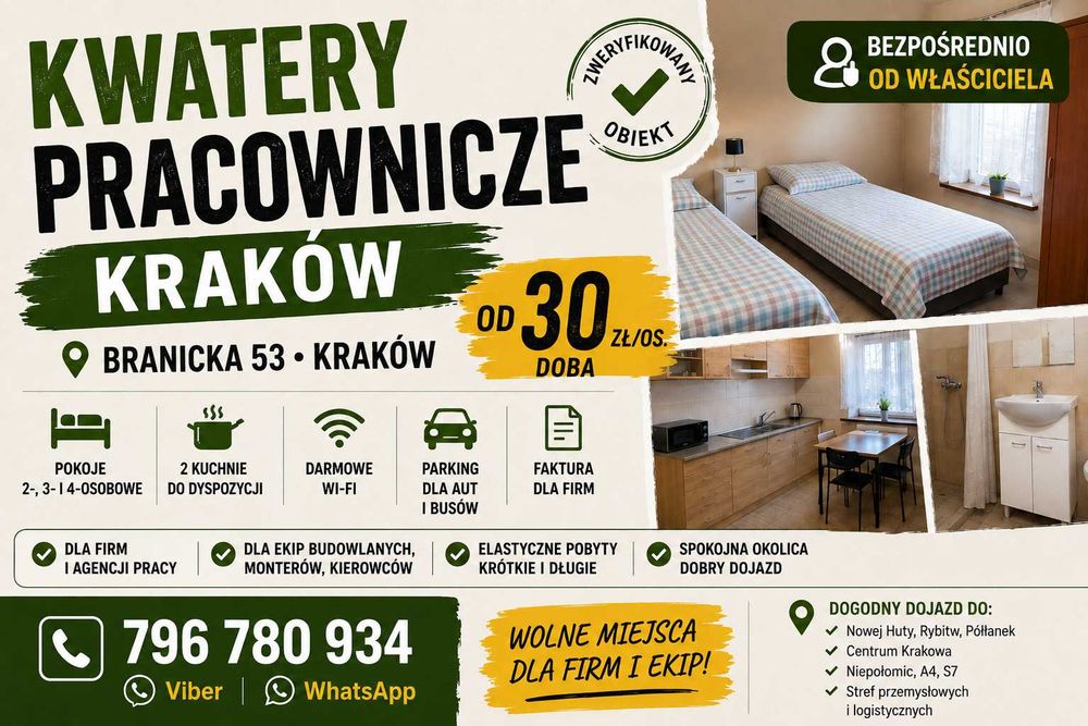 Noclegi Kraków | Bezpłatny Parking | Dla Turystów i Firm | Pokoje 2-4 os|