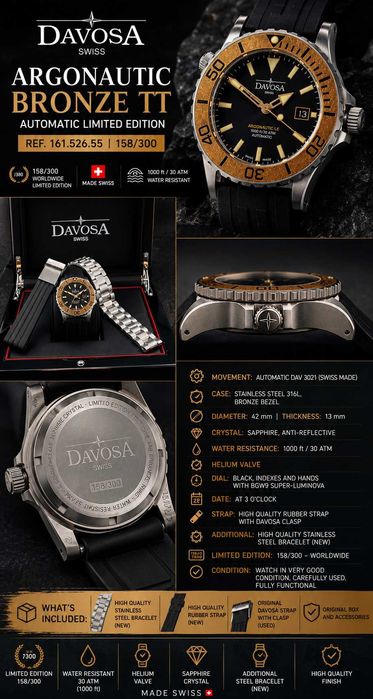 Davosa Argonautic Bronze TT Limited Edition 158/300 – Full Set – Swiss Made