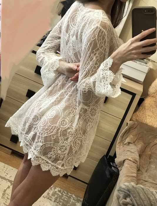 Біле мереживне парео халат пляжний пеньюар накидка міні