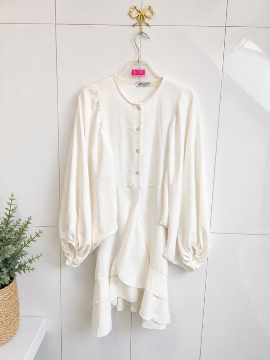 Zwiewna sukienka ecru boho falbany uniwersalna S-XL