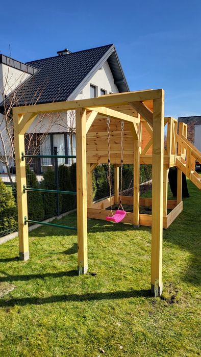 Duży Drewniany Domek dla Dzieci WENUS Plus Huśtawka, Zjeżdżalna