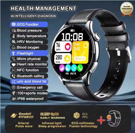 smartwatch 2025 z NFC, monitor zdrowia: , EKG+PPG,  - Jak nowy.