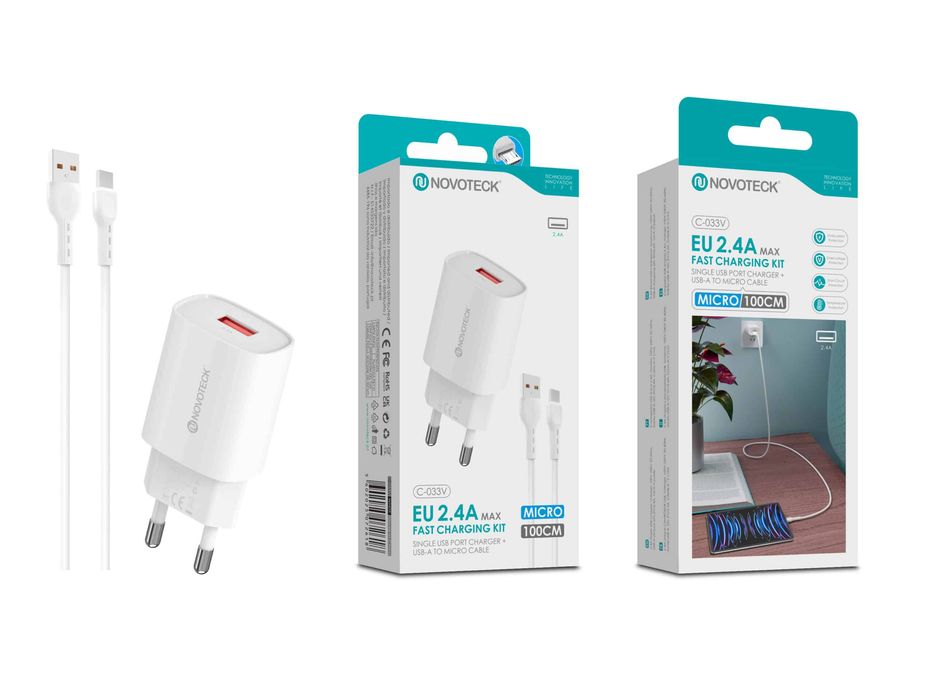 Kit Carregador Rápido USB 2.4A com Cabo Micro USB 100cm Modelo C-033V