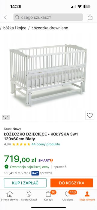 Łóżeczko bukowe opuszczany bok kołyska, dostawka