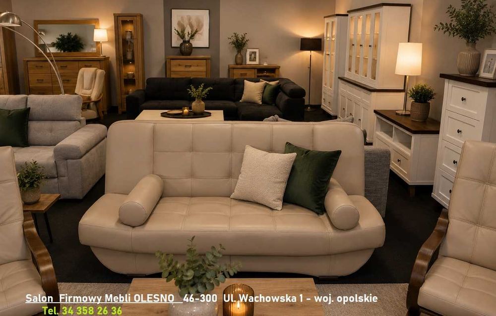 Nowa Kanapa 200cm FINKA II w Skórze Naturalnej - ze spaniem OUTLET Meble Pyka Olesno
