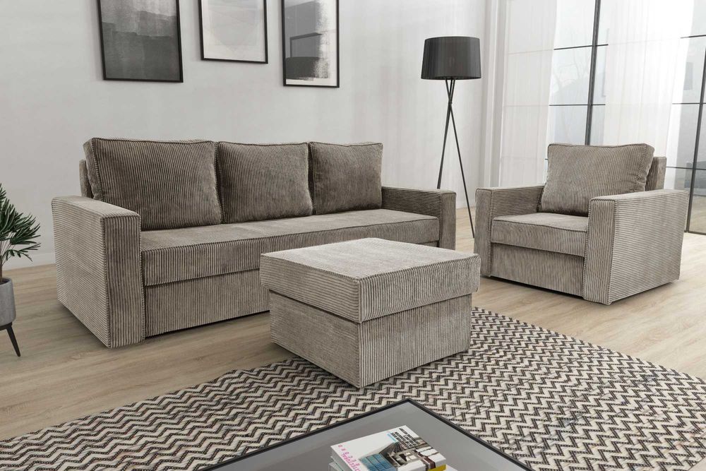 Zestaw komplet wypoczynkowy kanapa fotel pufa Sofia. Sztruks, sprężyny