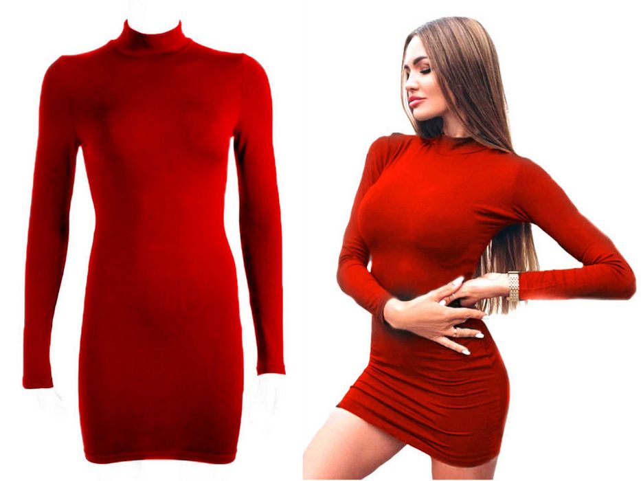 NOWA Sukienka Czerwona Ołówkowa poł GOLF długi Rękaw XS/S, S/M, M/L