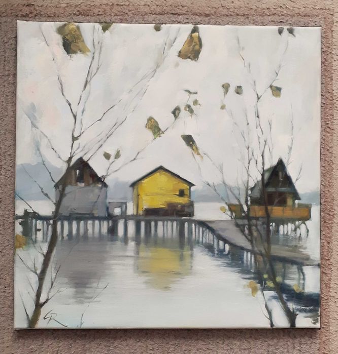 Domki rybackie. Obraz olejny na płótnie. 50x50 cm