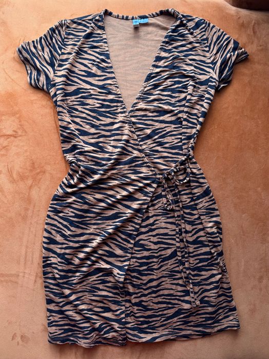 Brązowo-czarna sukienka mini krótki rękawek zeberka H&M XS 34 wiskoza