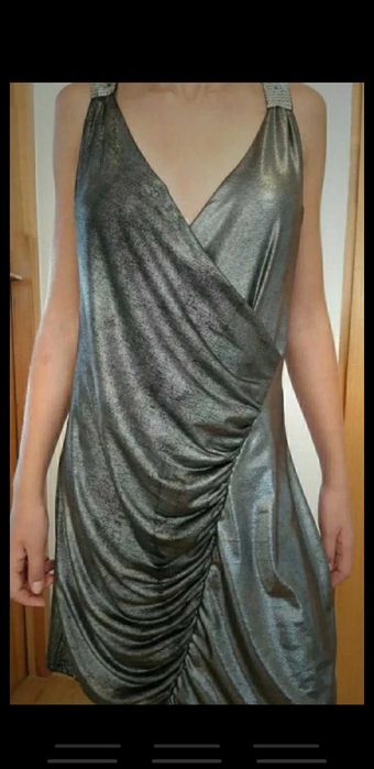 Sukienka, tunika, bluzka S M L srebrna cekiny ostatki karnawał