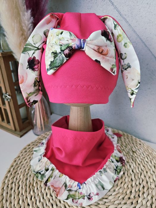 Komplet wiosenny fuksja czapka z chustą