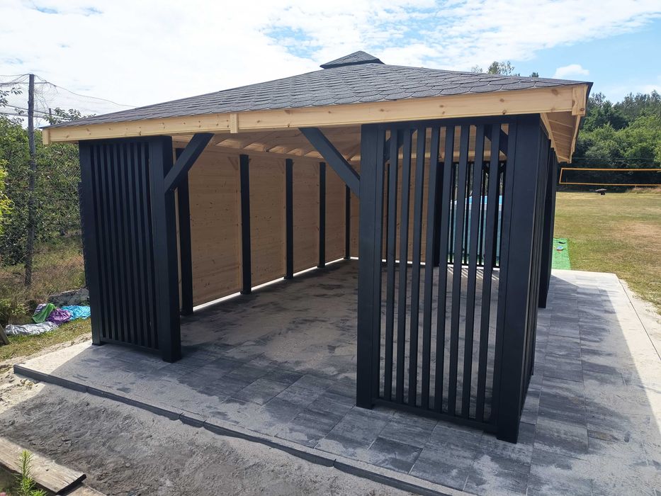 Nowoczesna altana 4x6 m, lamele, gont bitumiczny - producent
