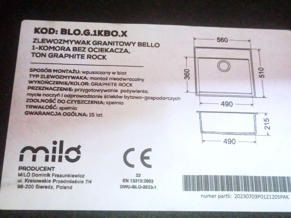 Zlew jednokomorowy granitowy 56x51 cm