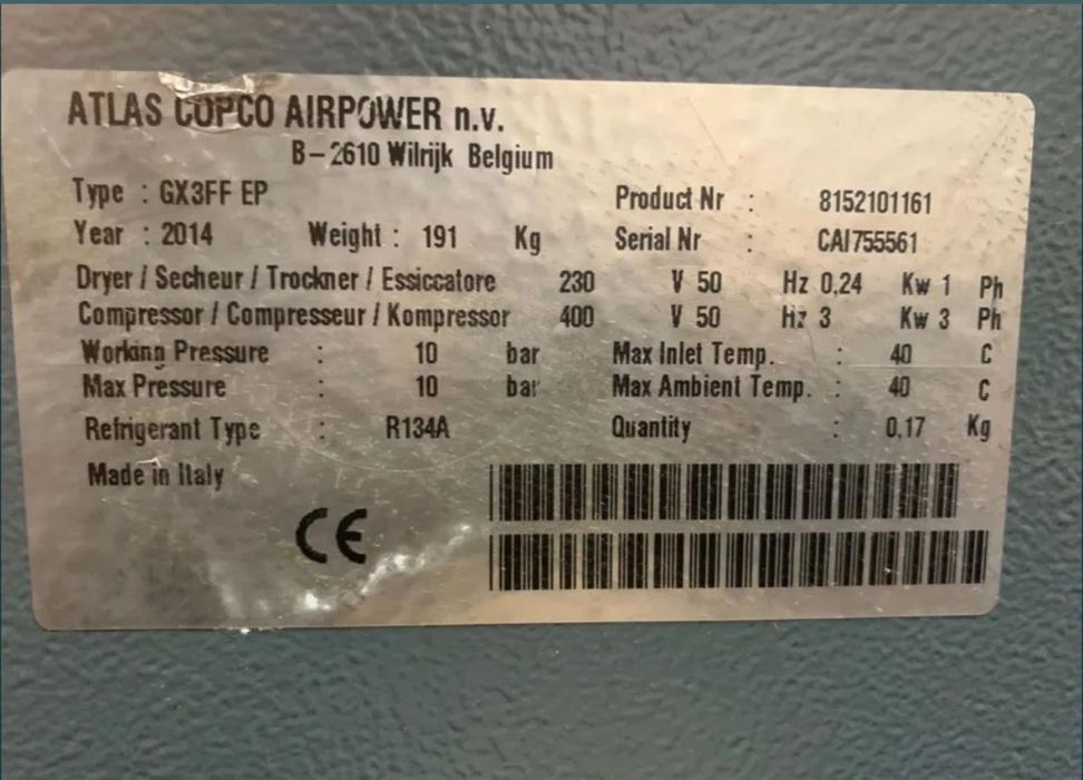 kompresor sprężarka śrubowa z agregatem ziębniczym atlas copco GX3FF