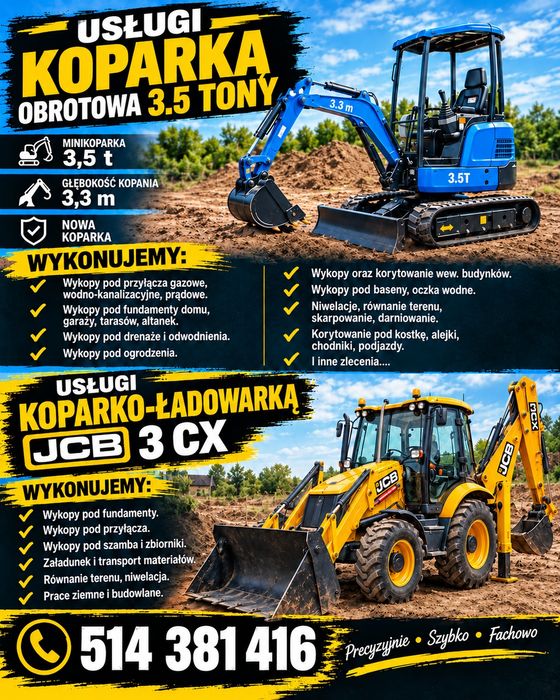 Usługi Koparko ładowarką koparką obrotową 3.5 tony wywrotka  4 osiowa transport wywóz  usługi lawetą ładownosci 13 ton  usługi   mocnym HDS