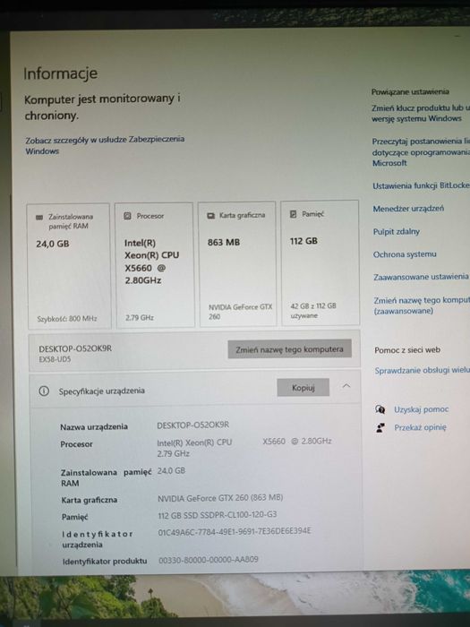Komputer XEON X5660 / 24GB RAM / GTX260 / SSD128GB / WIN10Pro