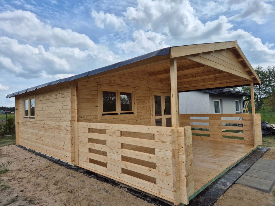 piękny MASYWNY domek drewniany + TARAS* 8m x 5m*40 m2*SCIANY aż 45 mm