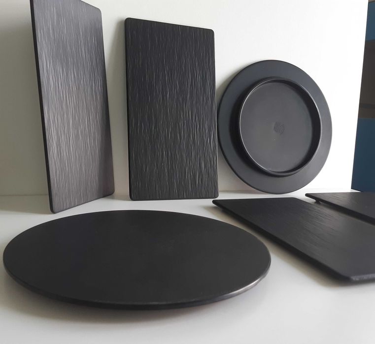 2 Pratos 4 Bandejas Melamina Preta imitar Pedra Expositor Alimentos