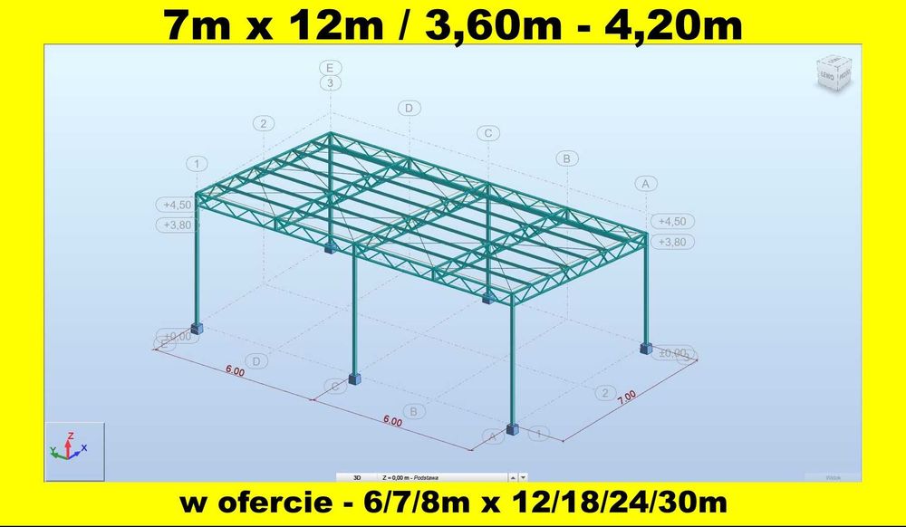 Konstrukcja Stalowa 7x12 m - Hala Wiata Garaż Magazyn - Długości 12m*18m*24m*itd. -  Nowa i Solidna