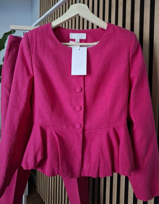 Lniany komplet fuksja spodnie żakiet fuksja M 38