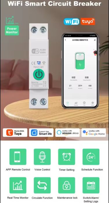 Розумний автоматичний вимикач Tuya Wi-Fi 1-63A 1P+N енергія, таймер,