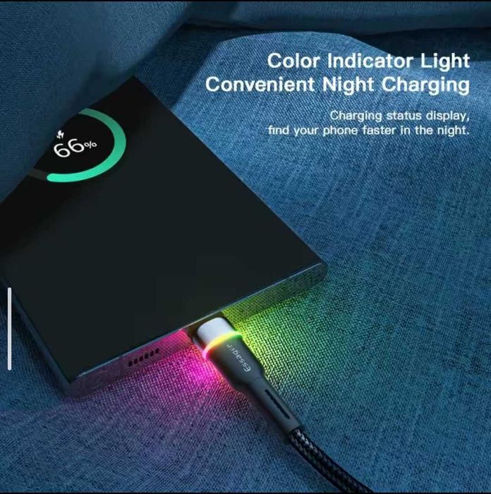 Кабель USB-A на Type-C Essager 3 A, на 2 метра, для быстрой зарядка Xiaomi, Poco и др, с LED подсветкой