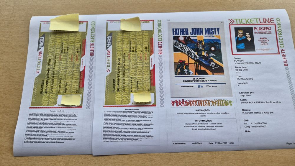 2 Bilhetes Placebo Porto 28 Setembro